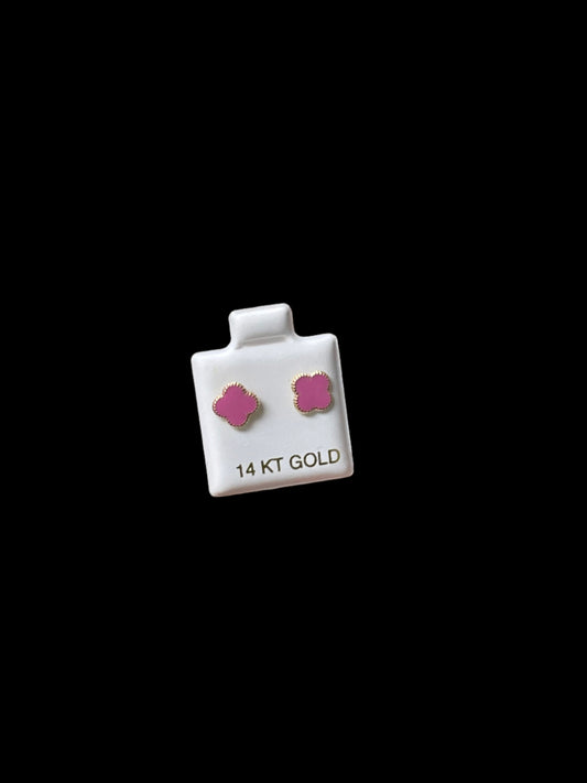 14K Gold Pink Painted Clover Earrings