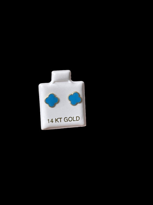 14K Gold Baby Blue Painted Clover Earrings