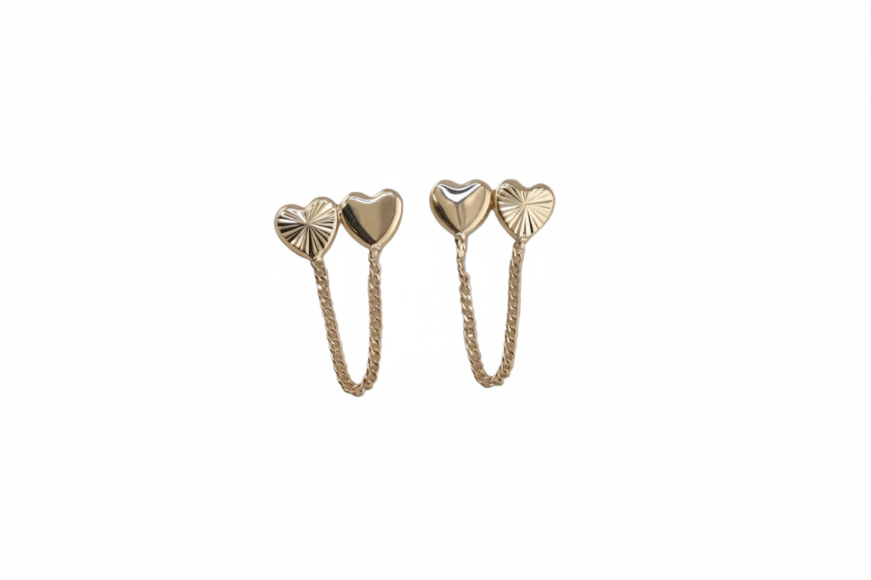14K Heart Chain Screwback Earrings